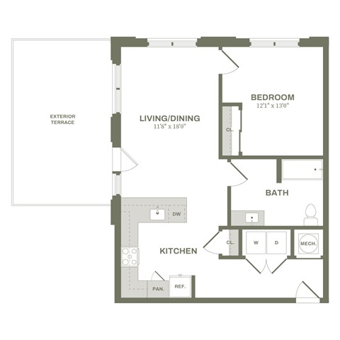 A floor plan of a house with a living room, kitchen, bathroom and bedroom.